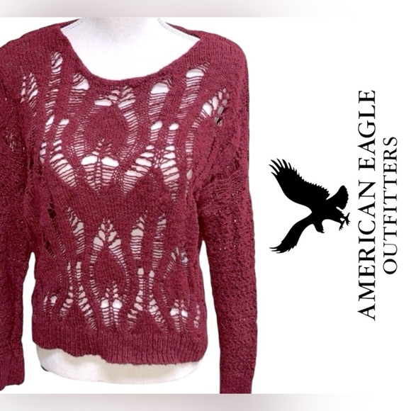 American Eagle Open Weave Crochet Sweater Burgundy Red Cranberry Size Large - Picture 12 of 13
